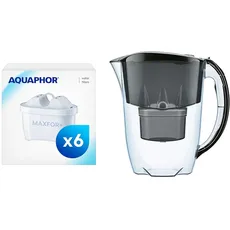 AQUAPHOR Filterkartusche MAXFOR+ Pack 5+1 & Wasserfilter Jasper Schwarz inkl. 1 MAXFOR+ Filter I Reduziert Kalk & Chlor I Karaffe für 2,8l I Tischwasserfilter I Passt in die Kühlschranktür