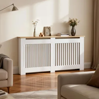 FATIVO Heizkörperverkleidung 152×20×83 cm Hohe Heizkörperabdeckung mit Holzstruktur Vertikal Lamell Holz aus verdicktes MDF lackiert Landhausstil für Schlafzimmer Wohnzimmer Büro Heizkörper Abdeckung