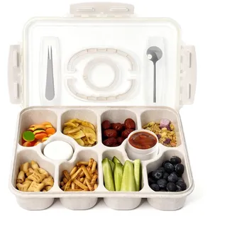 Kwybei Snackbox mit 8 Fächern, Snackschale aus PP Spülmaschinenfest,Snackteller mit Deckel und Griff,Snackdose Organizer für Obst Dessert Süßigkeiten Nüsse Gemüse (1)
