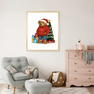 Bild mit Rahmen QUEENCE "Teddy Bär mit Weihnachtsmütze vor Tannenbaum", gold (farbe rahmen: beige, farbe bild(er): rot), B:50cm H:70cm T:1,5cm, Acrylglas, Holzrahmen, Bilder, Bild mit Rahmen, HD Premium Poster-Druck inkl. Echtholzrahmen in beige