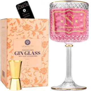 Vemacity Gin-Gläser-Set Personalisiert – Gin-Glas mit Gravur (N) | 3 Goldränder, Cocktail-Löffel & Jigger | Geschenkbox | Luxuriös Gewichtet | Ideal für Weihnachten und Neujahr
