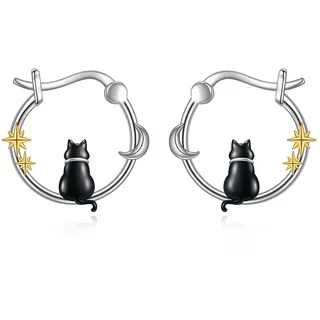 Katze Creolen Sterling Silber Niedliches Tier Pinguin Ohrringe Schmuck Geschenke für Damen (Schwarze Katzenohrringe)