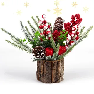 CHENYU Weihnachtsbaum Geschmückt Mini Weihnachtsbaum mit Roten Beeren und Tannenzapfen Weihnachtsgesteck Tisch Weihnachtsbaum zu Weihnachten (25cm grüne-weiße Zweige Cylindrical)