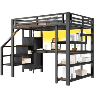 Stilvora Hochbett 140/200 cm in Schwarz mit Treppe, Kleiderschrank, Schreibtisch, LED und Usb , Metall, Holzwerkstoff , 140x200 cm , Babymöbel & Kindermöbel, Kinderzimmer & Jugendzimmer, Kinderbetten, Hochbetten