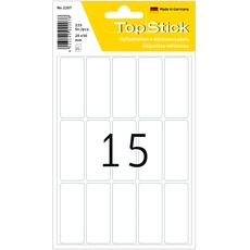 TopStick 2207 Vielzweck-Etiketten, 225 Stück, 20 x 50 mm, 15 pro Bogen, selbstklebend, Haushaltsetiketten zum Beschriften, matt, blanko Papier Klebeetiketten Aufkleber, weiß