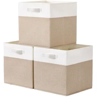 SOCOHOME Würfel Aufbewahrungsboxen,33x33x33cm Korb,Flache Stoff-Aufbewahrungskörbe für Kleiderkörbe,Truhen,Spielzeug,Regal(Helles Khaki/Weiß, 3 Pack)