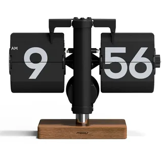 mooas Klassische Moderne Mini-Schreibtischuhr aus Holz (schwarz), Retro-Vintage-Design, analoges Design, automatische Klappuhr, Tischuhr, große Zahlen, batteriebetrieben, ideal für Zuhause, Büro,