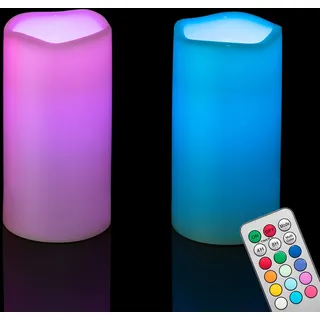 CANDLE IDEA 2 Stück 7,6 x 15,2 cm farbige, Timer, wasserfeste LED-Stumpenkerzen mit Fernbedienung, flammlos, batteriebetrieben, elektrische flackernde Kunststoffkerzen für Halloween-Kürbislaternen