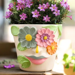 AmiCera Blumentopf mit Abstraktem Gesicht, Bunter Pflanztopf mit Drainage, Süßer Blumentöpfe für Zimmerpflanzen, Eklektischer Sukkulenten Übertopf Als Heimdekoration (Rosa und Blau, 14 cm)