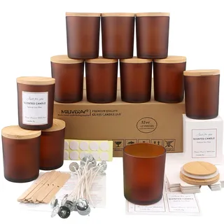 MILIVIXAY 12 Stück 340 g Milchbernsteinfarbene Kerzengläser mit Deckel und Kerzenherstellungs-Sets – leere Kerzengläser für die Herstellung von Kerzen – Gewürze, Pulverbehälter.