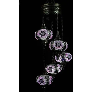 Türkische Hängelampe - Mosaik - Marokkanische Lampe - Handgefertigte Kronleuchter - Lila - 5 Glaskugeln - Lila