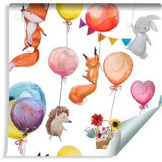 10m VLIES TAPETE Rolle Kinderzimmer Waldtiere Ballons XXL - Gelb, Blau, Grün, Weiß, Beige, Braun, Orange, Grau