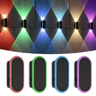 AGOTD Solar Wandleuchte Aussen, RGB Einstellbar Solarlampen für Außen, LED Wandleuchten Up & Down Light, Wasserdicht 7 Farben Heller Solarleuchten für Garten, Zaun, Balkon Deko 4 Stück mehrfarbig