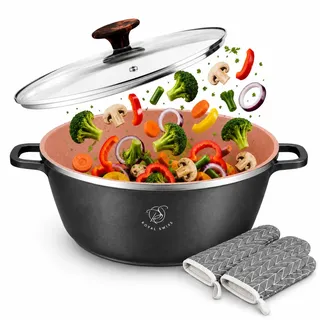 Royal Swiss Kochtopf Ø 32 cm 9,5 L xxl, Aluminiumguss Topf mit Marmor-Antihaftbeschichtung, Induktionsgeeignet Backofenfest, Glasdeckel, Abnehmbare Silikongriffe, camping, backen, Schwarz