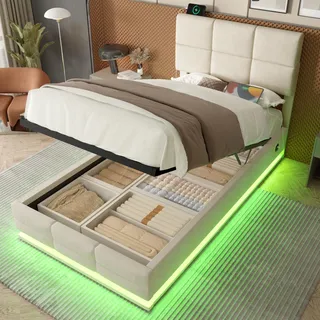 MODFU Polsterbett ohne Matratze 90x200 Jugendbett mit höhenverstellbarem Kopfteil,mit USB-Anschlüssen und LED-Ambientebeleuchtung auch Stauraum,Beige - Beige