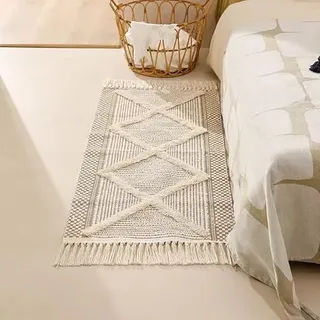 JaeMoose Baumwolle Teppich Getuftet Baumwollteppich Waschbar Retro Flur Teppich mit Quasten Marokkanisch Boho Teppiche für Wohnzimmer Schlafzimmer Eingangstür (Hellbraun, 60 x 180 cm)