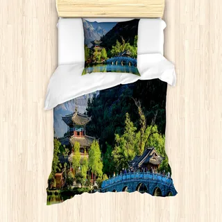 ABAKUHAUS Vintage China Mantele, Altstadt von Wasser, Milbensicher Allergiker geeignet mit Kissenbezügen, 135 cm x 200 cm - 80 x 80 cm, Mehrfarbig