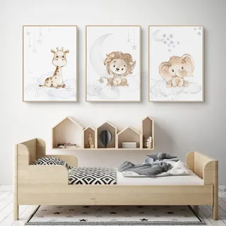 EXQULEG 3er Set Poster Kinderzimmer Kleiner Hase Giraffe Tiere Bilder Babyzimmer Deko Ohne Rahmen, Kinderbilder Tiermotive Poster für Junge Mädchen (A,30x40cm)