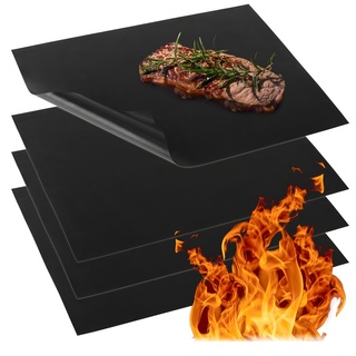 com-four® 4x BBQ Grillmatte aus Teflon - hitzebeständige Backmatte - Antihaft-Grillfolie - Grill- und Backunterlage - wiederverwendbar, zuschneidbar, spülmaschinengeeignet (4 Stück - schwarz)