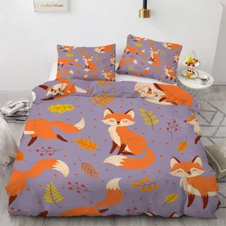 Bettwäsche-Set Fuchs 155x220 cm 3-teilig Mikrofaser mit Reißverschluss 2 Kissenbezüge 80x80 cm 3D Motiv Herbst Blätter