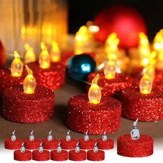 TINYOUTH 12 Stück LED Teelichter Flackernde, Deko Tisch LED Kerzen Elektrische Teelichter, Batterien Enthalten für Hochzeitsfeier Jubiläum Verlobung Dekoration, Rot Glitzernd