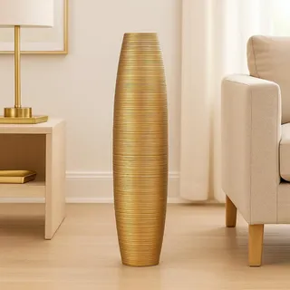 Leewadee Große Deko Bodenvase Für Dekozweige, Hohe Standvase Für Pampasgras, Design Holzvase, 65 cm, Gold