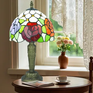Ppbmocw Tiffany Tischlampe,8 Zoll Retro Stained Glass Lamp Für Wohnzimmern,Lesezimmern,Schlafzimmern Und Arbeitszimmern Verwendet (Drei Rosen)