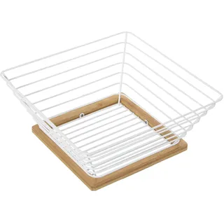 DRW Obstschale aus Metall und Holz in Weiß und Natur, 25 x 25 x 10 cm, Gitter 15 x 15 cm