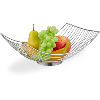 Relaxdays Metal Fruit Bowl Obstschale Metall, eckiger Obstkorb, HBT: 11,5 x 32,5 x 24 cm, Drahtkorb für Früchte & Gemüse, modern, Silber, 100% Eisen