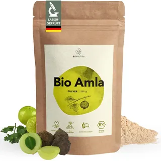 BIONUTRA® Bio Amla Pulver – 250 g Amalaki (indische Stachelbeere), rückstandskontrolliert, vegan, ohne Zusätze, Bio-Rohkost, EU-ÖKO-zertifiziert, gluten- & laktosefrei, natürlicher Vitamin-C-Gehalt