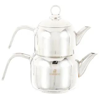 KARACA Manes Mini Türkische Teekanne Edelstahl - Induktion, 3-teiliges Teekannen Set, 2,1 Liter, Türkischer Teekocher Metall, Caydanlik mit Siebeinsatz & Deckel, Spülmaschinenfest