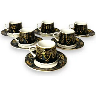 Medusa Luxus Gold Espressotassen 12 TLG für 6 Personen Tassen + Untertassen 60 Ml Mäander Stil mit Geschenkverpackung - Schwarz, Gold