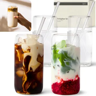 KIVY Trinkgläser Set mit Glas Strohhalm [4x 450ml] Eiskaffee, Wasser & Matcha Glas - Longdrinkgläser Set - Kaffee & Matcha Gläser - Kaffeegläser - Latte Macchiato Gläser - Hohe Cocktailgläser