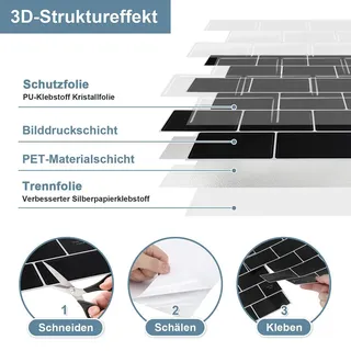 Izrielar Fliesenaufkleber 30,5x30,5cm Fliesen-Folie 10 Stück Deko selbstklebende Klebefliesen Schwarz für Küche Bad Wohnzimmer Zimmer - Schwarz
