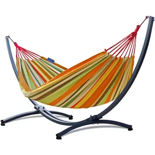 Potenza Outdoor Hängematte mit Gestell für 2 Personen I Baumwolle Doppelhängematte XXL 220x160, 200kg I Hängemattengestell 220kg, wetterfest (Orange, Basic Gestell Graphit)