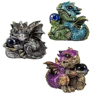 DRW Set von 3 Drachen mit Kristallkugel aus Harz, handbemalt, 4 x 4 x 6,5 c, 4x4x6.5 c