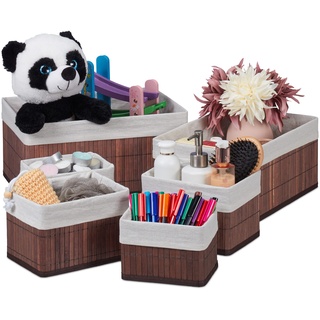 Relaxdays Aufbewahrungskorb 6er Set, Stoffbezug, Bambus, rechteckig, Bad, Accessoires, dekorativer Organizer, braun