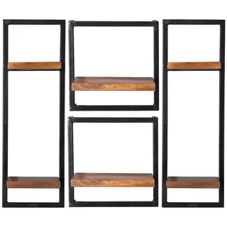 Mid.you Wandregalset , Naturfarben, Schwarz , Holz, Metall , 4-teilig , Mangoholz , massiv , 6 Fächer , 95x75x25 cm , Wohnzimmer, Regale, Wandregale