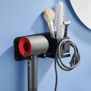 ASKLUND Fönhalter ohne Bohren Föhn Halterung Bad Haartrocknerhalter Wand mit Steckerhalter & Aufbewahrung für die Meisten Haartrockner Schwarz