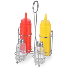 HENDI Menage Set, Zwei Glasstreuer (60 ml), 2 Quetschflaschen aus Polyethylen, Gewürzständer, Quetschflaschen: 0,2L, Edelstahl 18/0