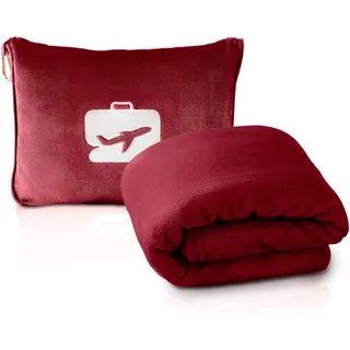 EverSnug Reisedecke und Kissen – weiche 2 in 1 Flugzeugdecke mit weichem Taschen-Kissenbezug, Handgepäckhülle und Rucksackhalterung (Burgunderrot)