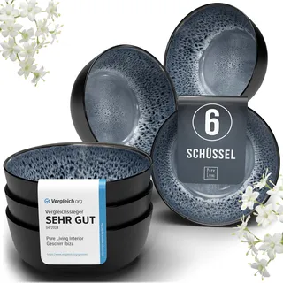 Steingut Müslischalen 6 Personen Ibiza TESTSIEGER, Traumhaftes Mediterranes Steingut Müsli Schüssel Set, Kleine Schüssel, Müslischale - Pure Living in Rauchblau