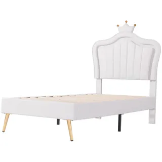 Flieks Kinder Polsterbett 90x200 Krone LED PU Leder Weiß Lattenrost , Holzwerkstoff , 90x200 cm , Schlafzimmer, Betten