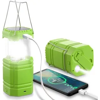 Unyqoos® Tragbare wasserdichte LED-Campinglaterne – 3-in-1 Campinglampe/Taschenlampe/Powerbank, USB/Solar/Handkurbel, faltbar, ABS IPX4, bis 30 Std - Grün