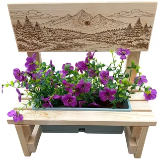 KlaSa Kreativwerkstatt Blumenbank aus Holz mit Gravur,Dekorative Pflanzbank mit Blumenkasten,Geschenk für Mama,Oma,Opa–Gartenbank für Balkon&Terrasse, Outdoor Muttertag (Bergmotiv)