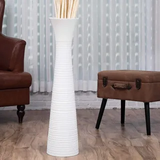 Leewadee Große Deko Bodenvase Für Dekozweige, Hohe Standvase Für Pampasgras, Design Holzvase, 85 cm, Weiß