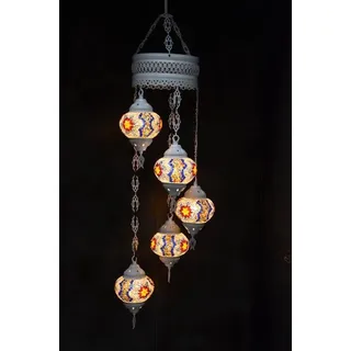 Hanglampe mit 5 bunten Mosaik-Kugeln aus Glas im marokkanischen Stil, ca. 120 cm lang, E-14 Fassung - Beige, Silber