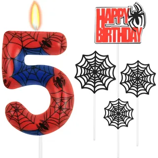 HOTUT Geburtstagskerzen Zahlen 5,Spinne Deko,Kerzen Geburtstag mit Spinnennetz Set,Happy Birthday Kuchen Kerzen Set,Blau Rot Zahlenkerze,Spinne Thema Party Kerzen für Jungen Mädchen 5. Geburtstag