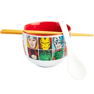 Get Trend Marvel Comics Ramen Schüssel Set, 600ml Keramik Geschirr Set mit Schale, Löffel & Essstäbchen aus Bambus, Geschenk Idee (Multi Marvel)
