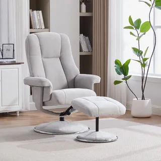 STILVORA Relaxsessel drehbar mit Hocker aus Chenille-Stoff und Vollmetallsockel, Sessel mit stoffbezogener Basis, Loungesessel im nordischen Design stabil - Grau